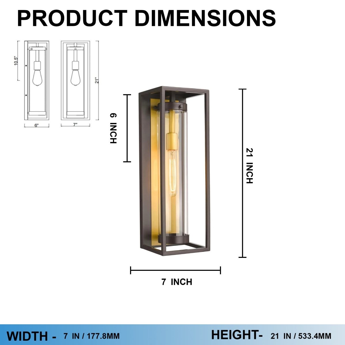 1-Light, 21-Inch Bronze Outdoor Rectangular Wall Light, E26 Socket 1X60W, Clear Glass, 21" H x 7" W, Extends 6" from the wall
