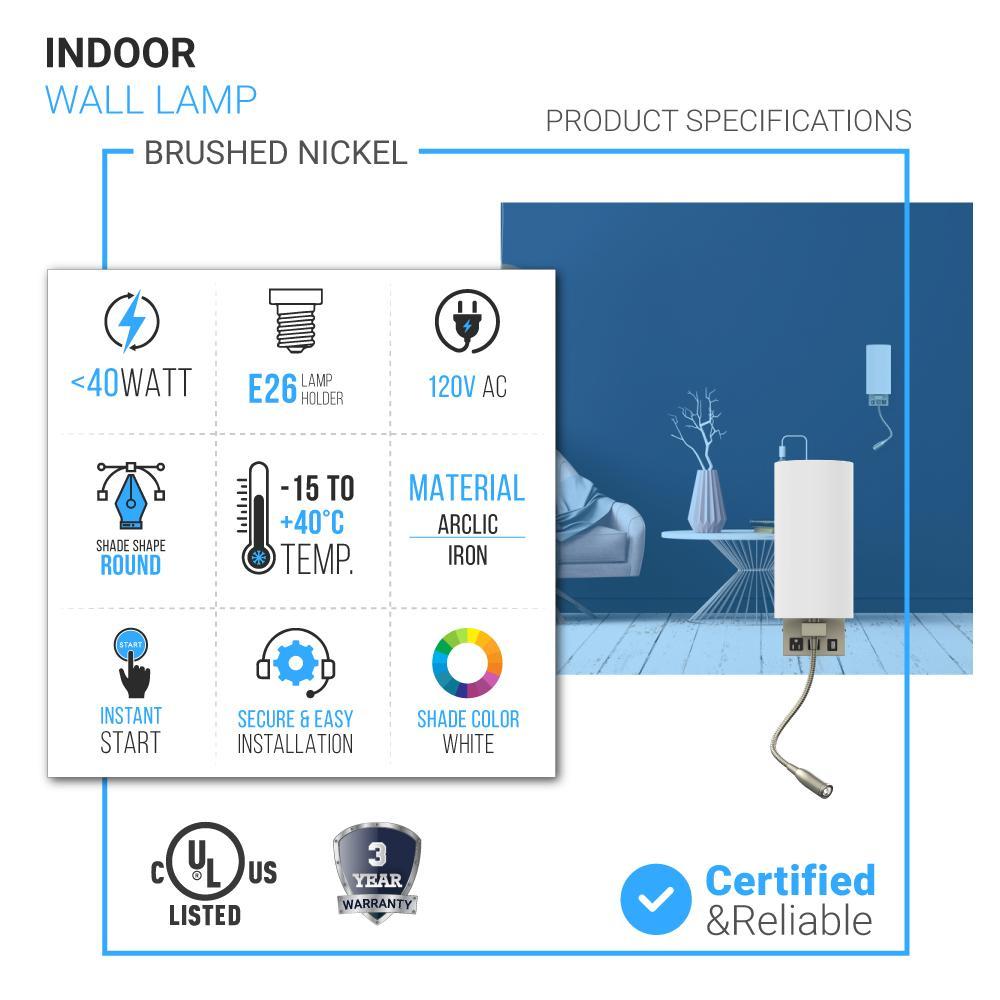 1-Light, Acrylic Shade Indoor Wall Sconce Light with 1 Switch, 1usb & 1outlet, Brushed Nickel Finish, Bedside Wall Lights w/ 1W LED Reading Lamp, for Bedroom Living Room Hotels