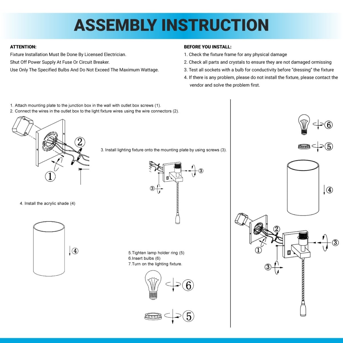 1-Light, Acrylic Shade Indoor Wall Sconce Light with 1 Switch, 1usb & 1outlet, Brushed Nickel Finish, Bedside Wall Lights w/ 1W LED Reading Lamp, for Bedroom Living Room Hotels