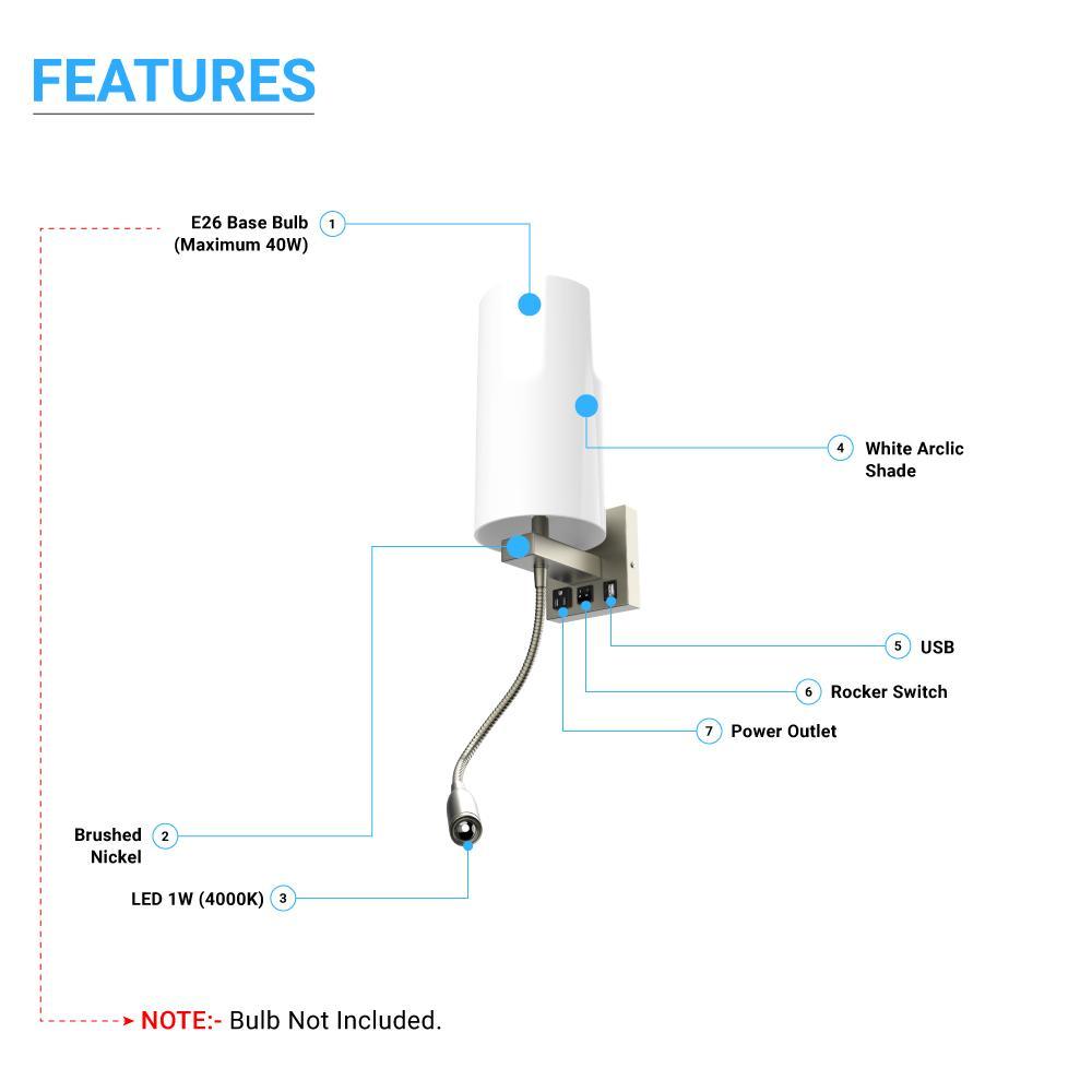 1-Light, Acrylic Shade Indoor Wall Sconce Light with 1 Switch, 1usb & 1outlet, Brushed Nickel Finish, Bedside Wall Lights w/ 1W LED Reading Lamp, for Bedroom Living Room Hotels