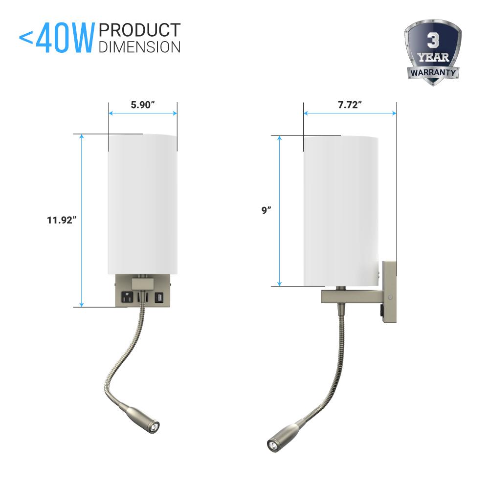 1-Light, Acrylic Shade Indoor Wall Sconce Light with 1 Switch, 1usb & 1outlet, Brushed Nickel Finish, Bedside Wall Lights w/ 1W LED Reading Lamp, for Bedroom Living Room Hotels