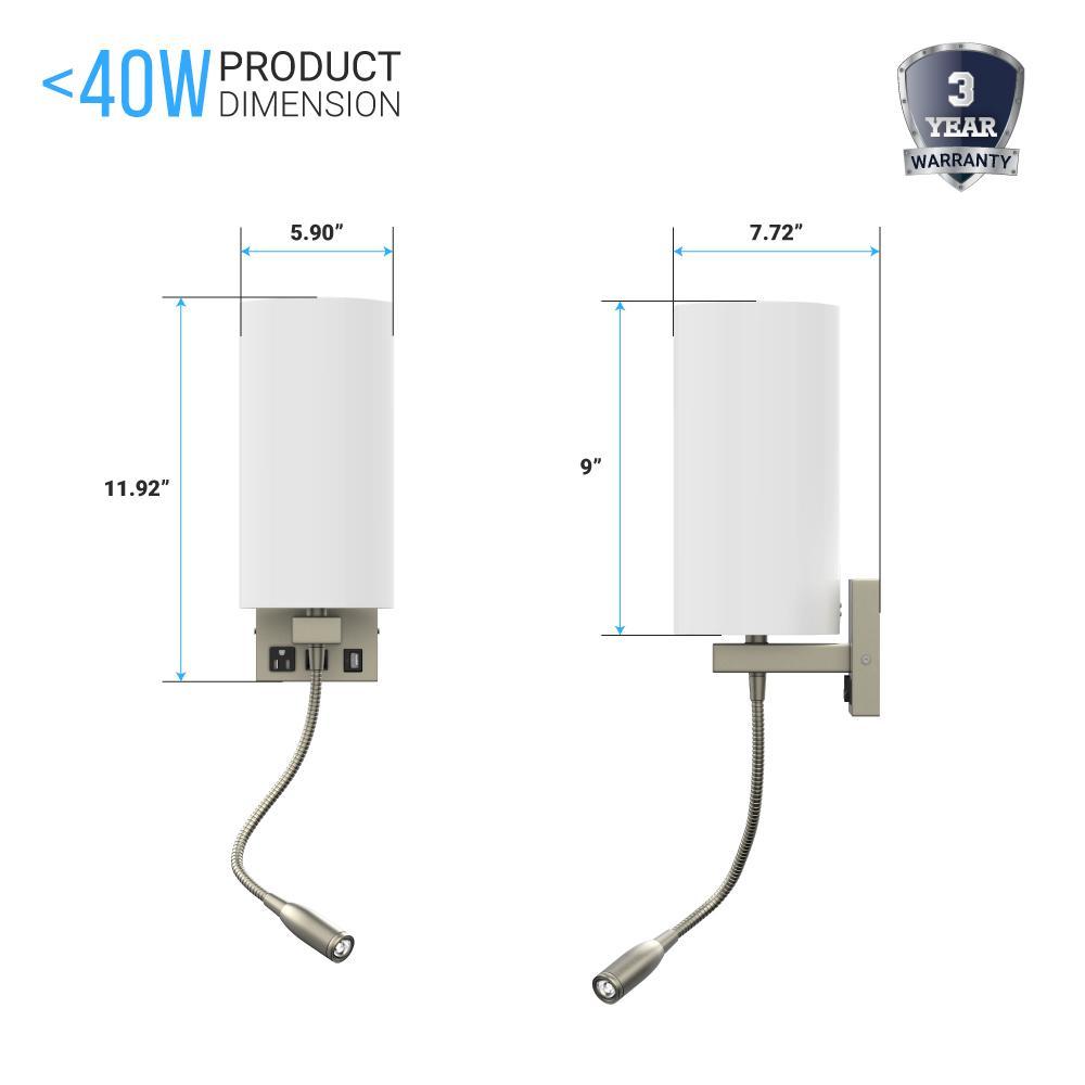 1-Light, Acrylic Shade Indoor Wall Sconce Light with 1 Switch, 1usb & 1outlet, Brushed Nickel Finish, Bedside Wall Lights w/ 1W LED Reading Lamp, for Bedroom Living Room Hotels