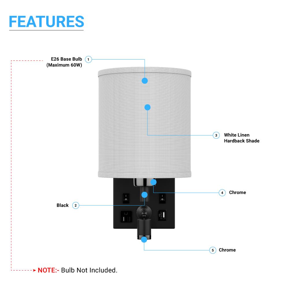 1-Light Bedside Wall Sconce Lighting with Adjustable LED Reading Light, Black Metal Finish w/ White Fabric Shade, W/ LED 1W 1USB, 2 Switchs &1 Outlet, for Bedroom Living Room Hotels
