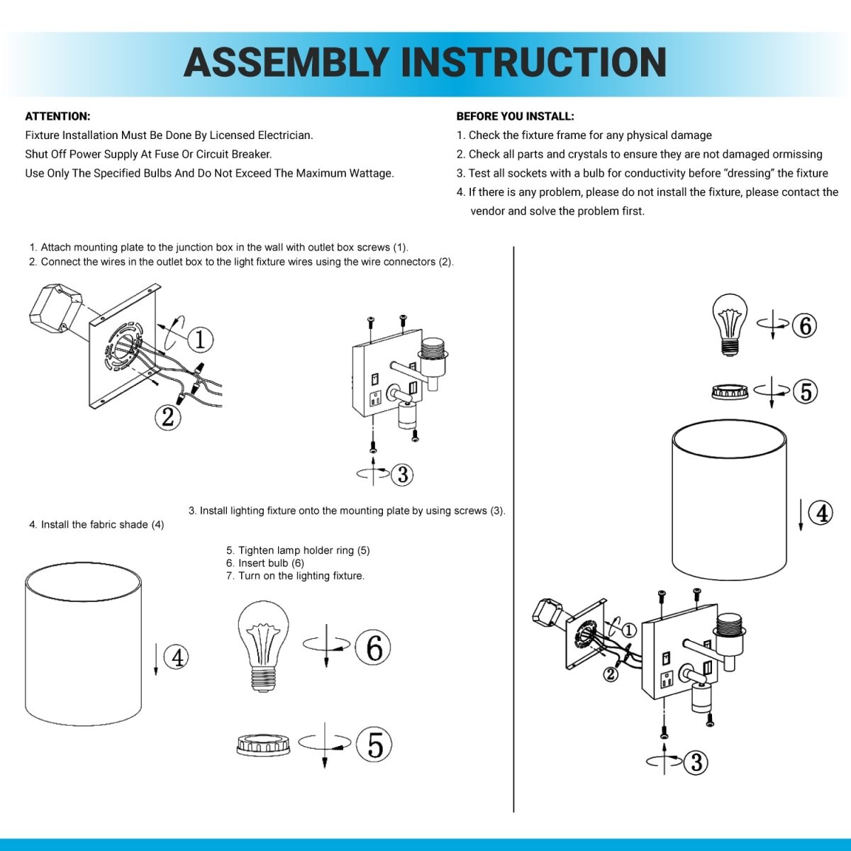 1-Light Bedside Wall Sconce Lighting with Adjustable LED Reading Light, Black Metal Finish w/ White Fabric Shade, W/ LED 1W 1USB, 2 Switchs &1 Outlet, for Bedroom Living Room Hotels