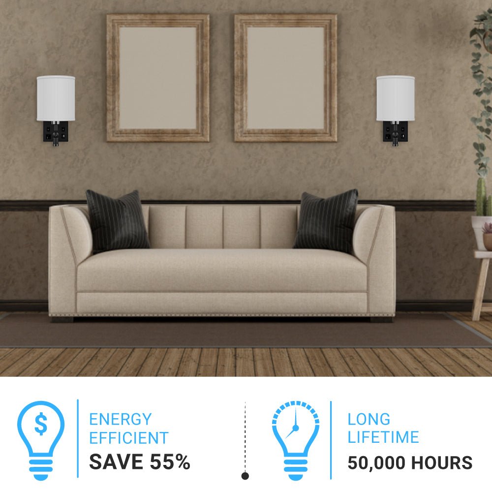 1-Light Bedside Wall Sconce Lighting with Adjustable LED Reading Light, Black Metal Finish w/ White Fabric Shade, W/ LED 1W 1USB, 2 Switchs &1 Outlet, for Bedroom Living Room Hotels