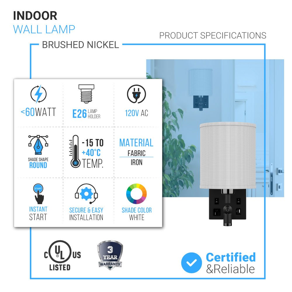 1-Light Bedside Wall Sconce Lighting with Adjustable LED Reading Light, Black Metal Finish w/ White Fabric Shade, W/ LED 1W 1USB, 2 Switchs &1 Outlet, for Bedroom Living Room Hotels