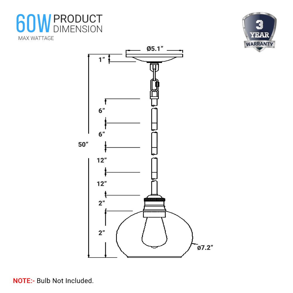 1-Light Clear Glass Pendant Lighting Fixture with Brushed Nickel Finish, E26 Base, UL Listed for Damp Location