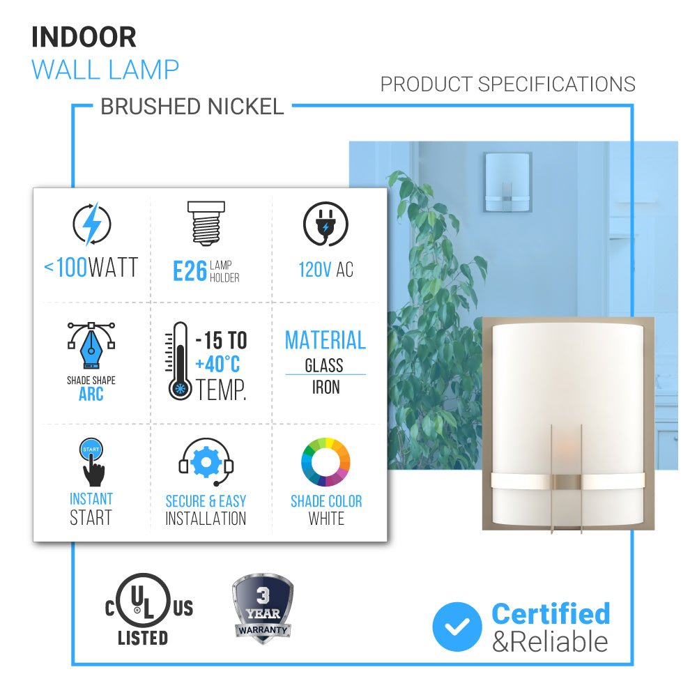 1-Light, Decorative ARC Wall Sconce Fixture, Brushed Nickel Finish with White glass shade, Dim: 9" W x 12"H x 5"E, Hallway Light Fixtures
