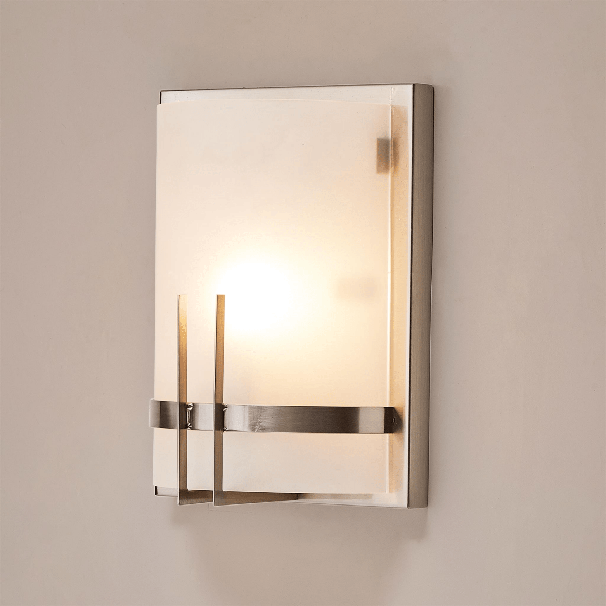 1-Light, Decorative ARC Wall Sconce Fixture, Brushed Nickel Finish with White glass shade, Dim: 9" W x 12"H x 5"E, Hallway Light Fixtures