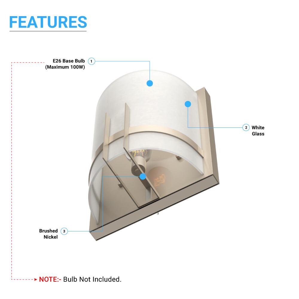 1-Light, Decorative ARC Wall Sconce Fixture, Brushed Nickel Finish with White glass shade, Dim: 9" W x 12"H x 5"E, Hallway Light Fixtures