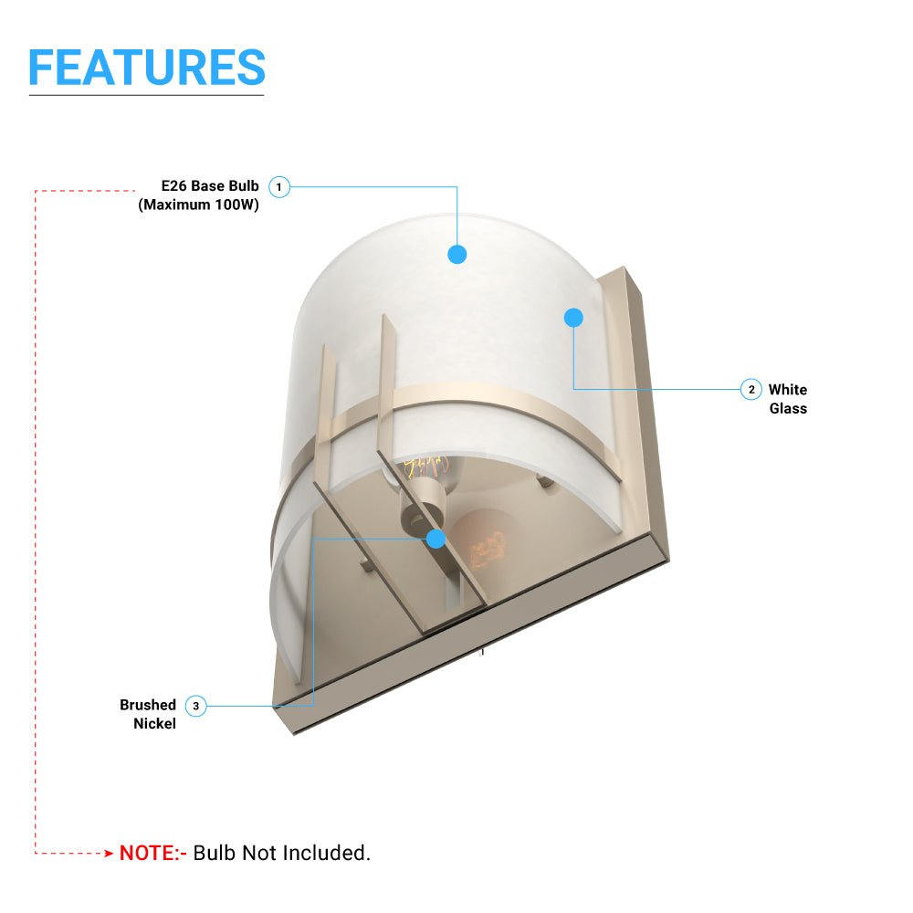 1-Light, Decorative ARC Wall Sconce Fixture, Brushed Nickel Finish with White glass shade, Dim: 9" W x 12"H x 5"E, Hallway Light Fixtures