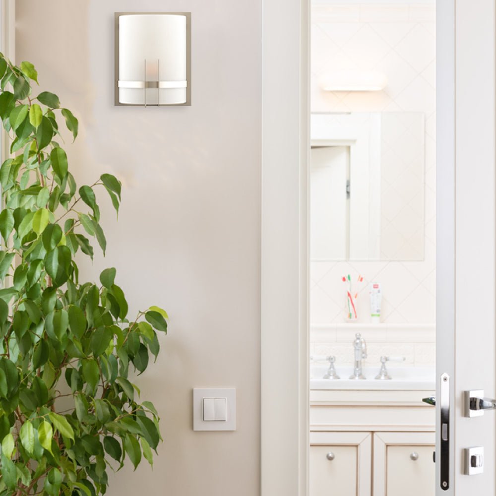 1-Light, Decorative ARC Wall Sconce Fixture, Brushed Nickel Finish with White glass shade, Dim: 9" W x 12"H x 5"E, Hallway Light Fixtures