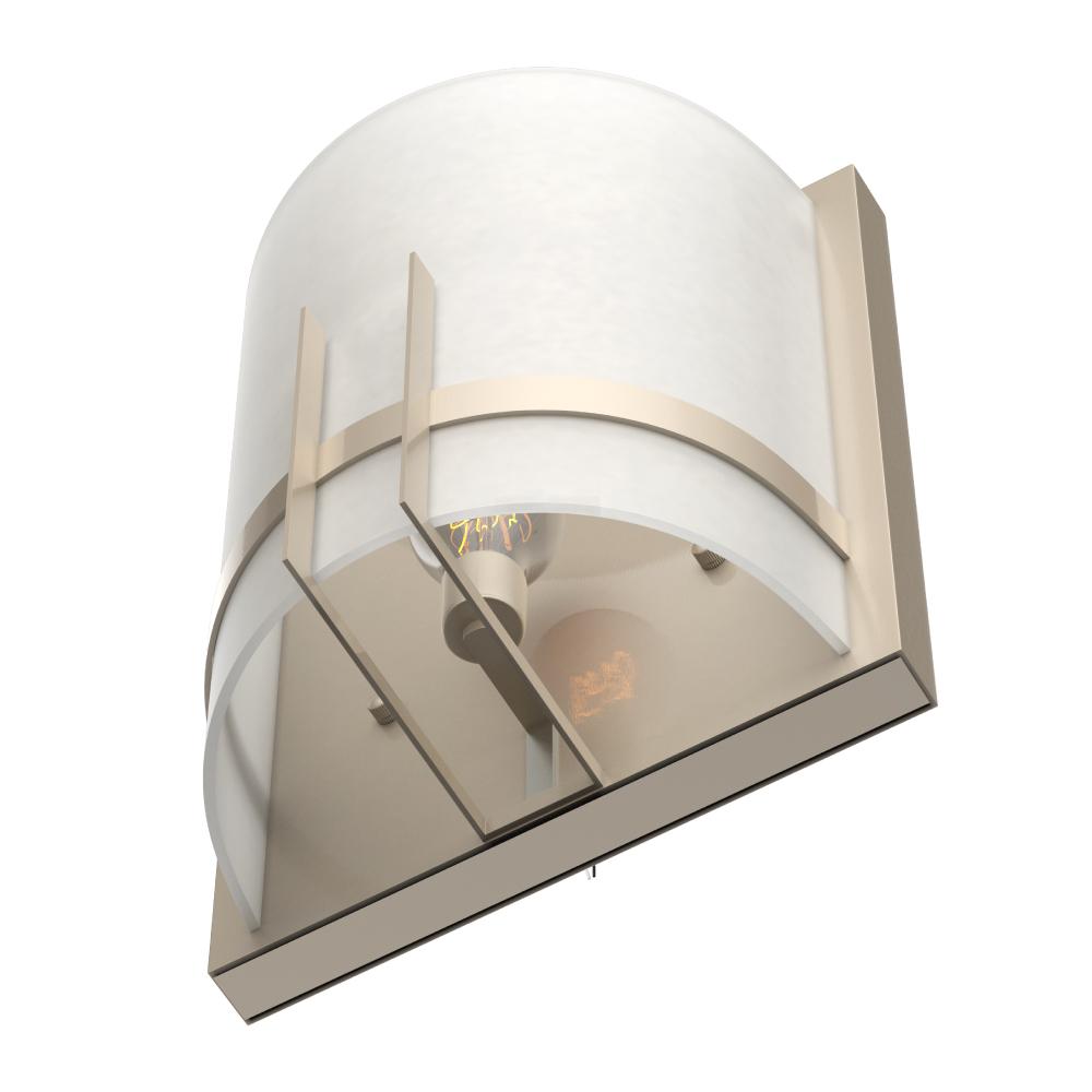 1-Light, Decorative ARC Wall Sconce Fixture, Brushed Nickel Finish with White glass shade, Dim: 9" W x 12"H x 5"E, Hallway Light Fixtures