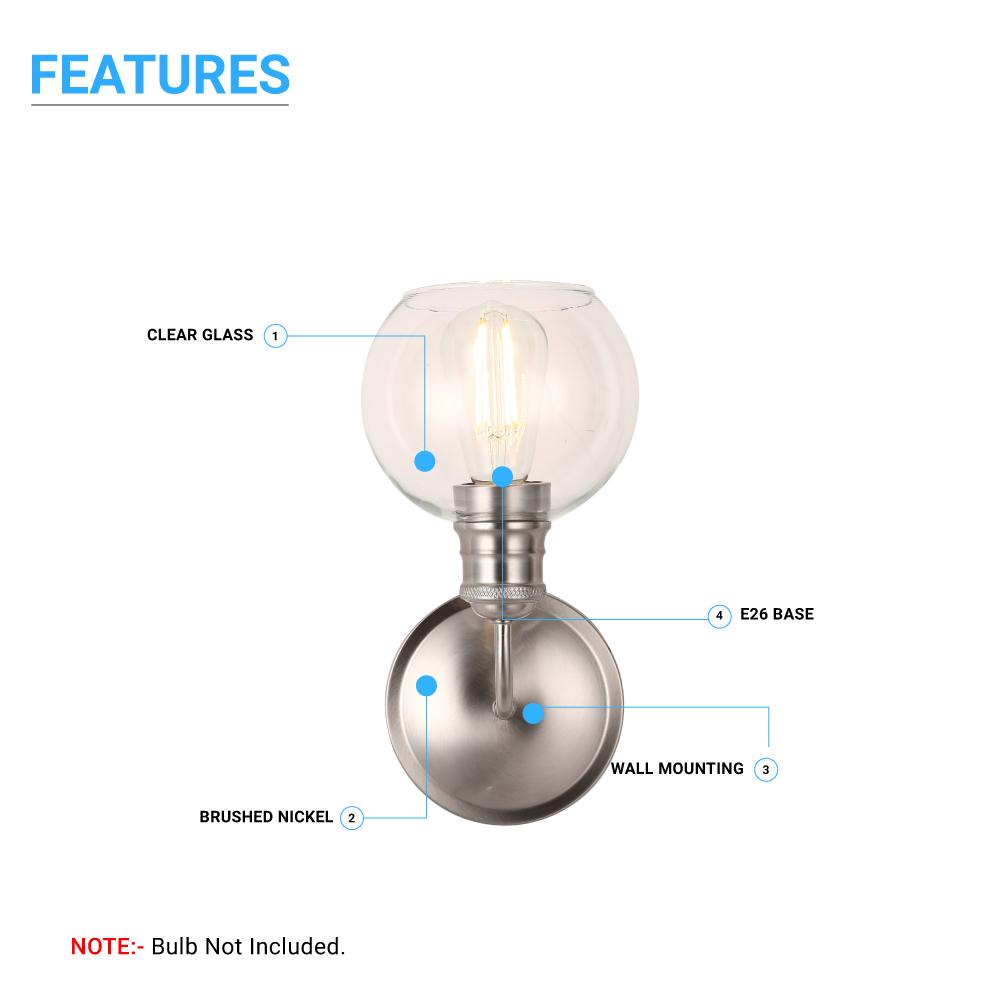 1-Light Dome Shape Wall Sconce Light with Clear Glass, Brushed Nickel Finish, E26 Base, UL Listed for Damp Location, 3 Years Warranty