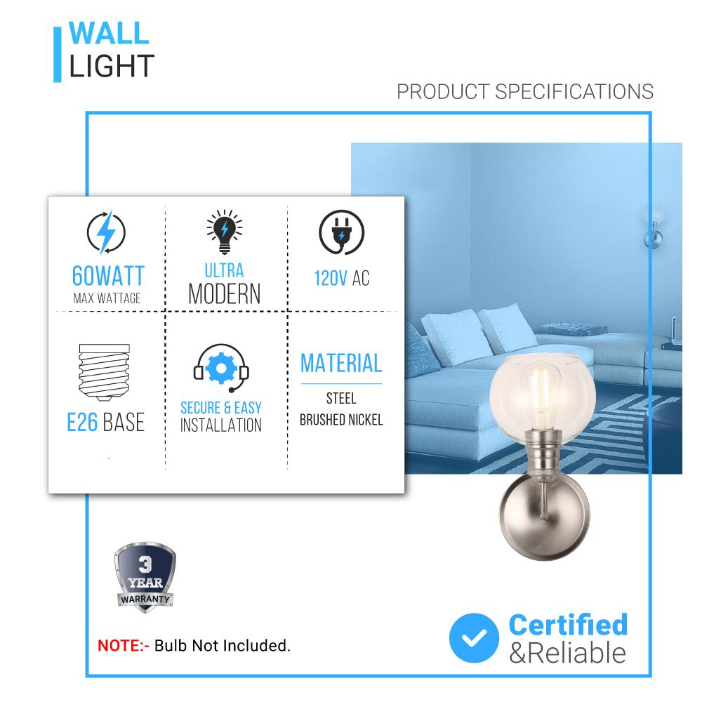 1-Light Dome Shape Wall Sconce Light with Clear Glass, Brushed Nickel Finish, E26 Base, UL Listed for Damp Location, 3 Years Warranty
