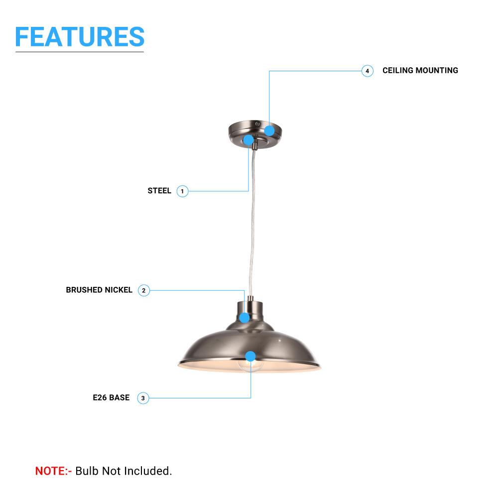 1-Light Industrial Style Pendant Light Fixture, Trumpet Shape, E26 Base, Brushed Nickel Finish, UL Listed