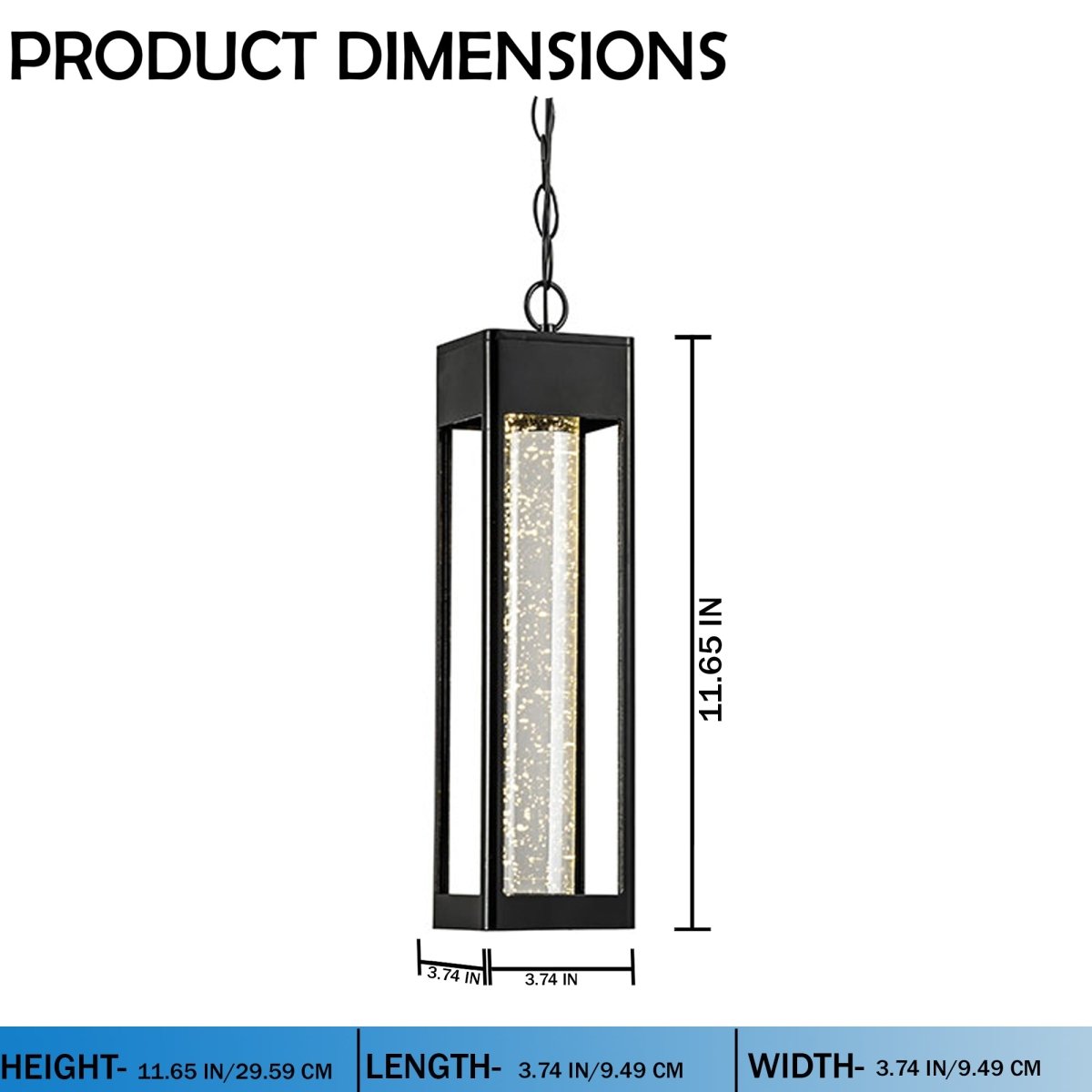1-Light LED Integrated Black Outdoor Ceiling Light, 11W 3CCT, Bubble Glass, Pendant - 3.74"L x 3.74"W x 11.65"H