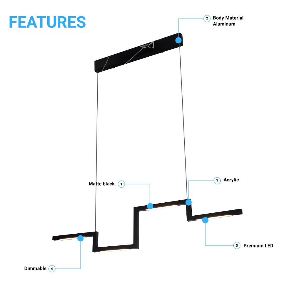 1-Light, LED Linear Chandelier Light Fixture In Matte black Body Finish, 23W, 3000K, 1150LM Dimmable, 39.4''×1.3''×71'' (Dimension)