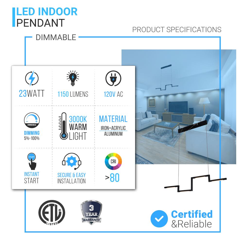 1-Light, LED Linear Chandelier Light Fixture In Matte black Body Finish, 23W, 3000K, 1150LM Dimmable, 39.4''×1.3''×71'' (Dimension)