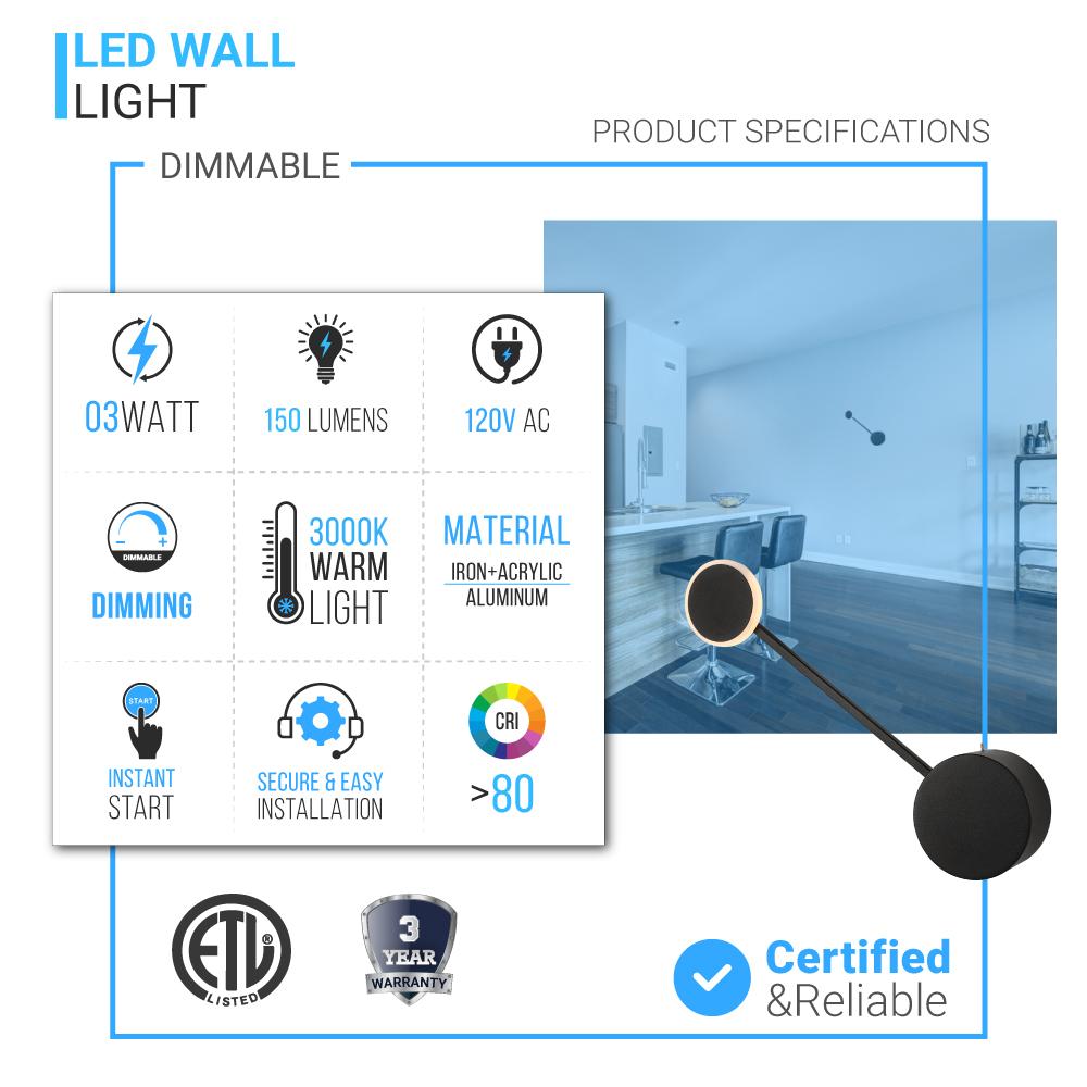 1-Light, LED Wall Sconce Light 3W, 3000K, 150LM, Integrated LED Light Combination, 120V Dimmable, Black Matte Body Finish