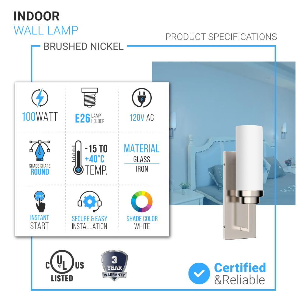 1-Light, LED Wall Sconce Light, Brushed Nickel with Opal Glass Shade, Decorative Wall Lamp, Hallway Light Fixtures, Dim: W4.6"xH15"xE3.5"