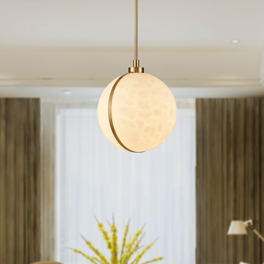 1 Light Mini Pendant Brass finish Hardware with Faux Alabaster, Pendant Lighting, E26 Base - 16”D x 17.5“H