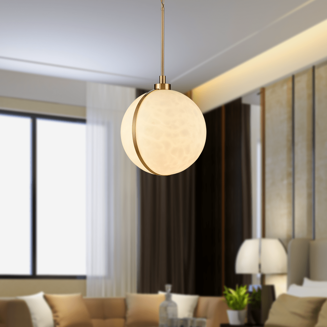 1 Light Mini Pendant Brass finish Hardware with Faux Alabaster, Pendant Lighting, E26 Base - 16”D x 17.5“H
