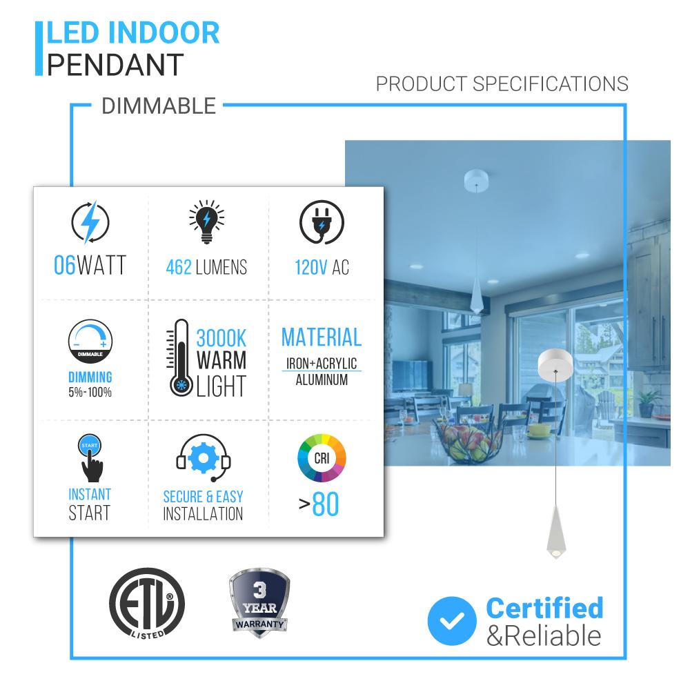 1-Light, Modern LED Three Dimensional Triangle Geometric Chandeliers, 6W, 3000K, 462LM, Dimmable