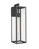 1-Light, Outdoor Wall Light, E26 Socket 1X60W, Matte Black, 25" H x 7" W. Extends 10" from the wall, Clear Glass Panels