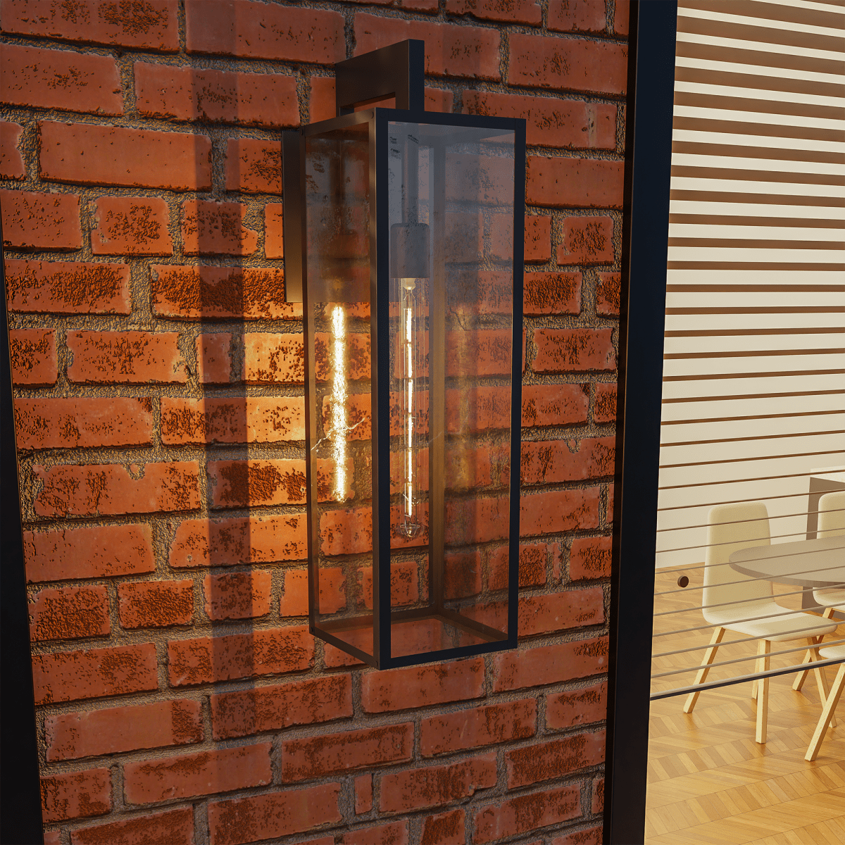 1-Light, Outdoor Wall Light, E26 Socket 1X60W, Matte Black, 25" H x 7" W. Extends 10" from the wall, Clear Glass Panels