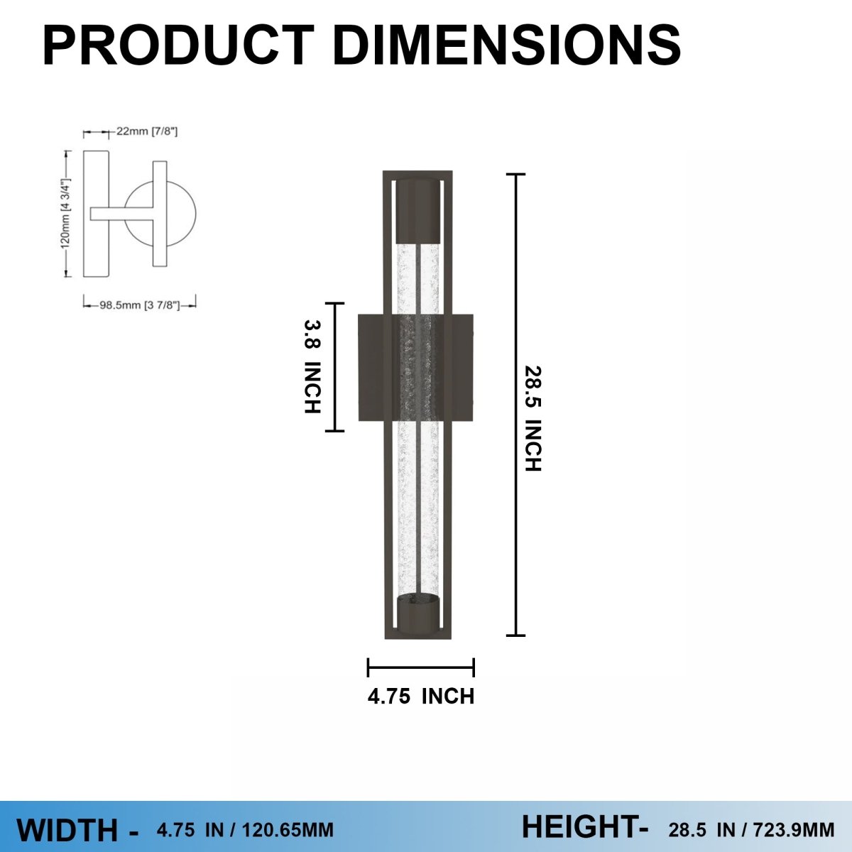 1-Light, Outdoor Wall Sconce Light, Wall Mount Lantern, 1X50W, GU10 Base, Clear Seedy Glass, a Protective Clear Acrylic Cylinder, Bronze 28.5" H x 4.75" W, Extends 3.8" from the wall