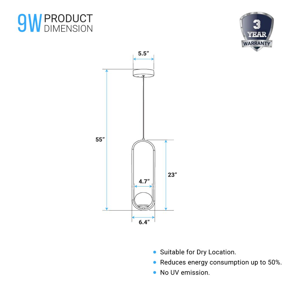 1-Light, Single Bell Pendant Chandelier, 9W, 3000K, Matte Black Body Finish, Dimmable