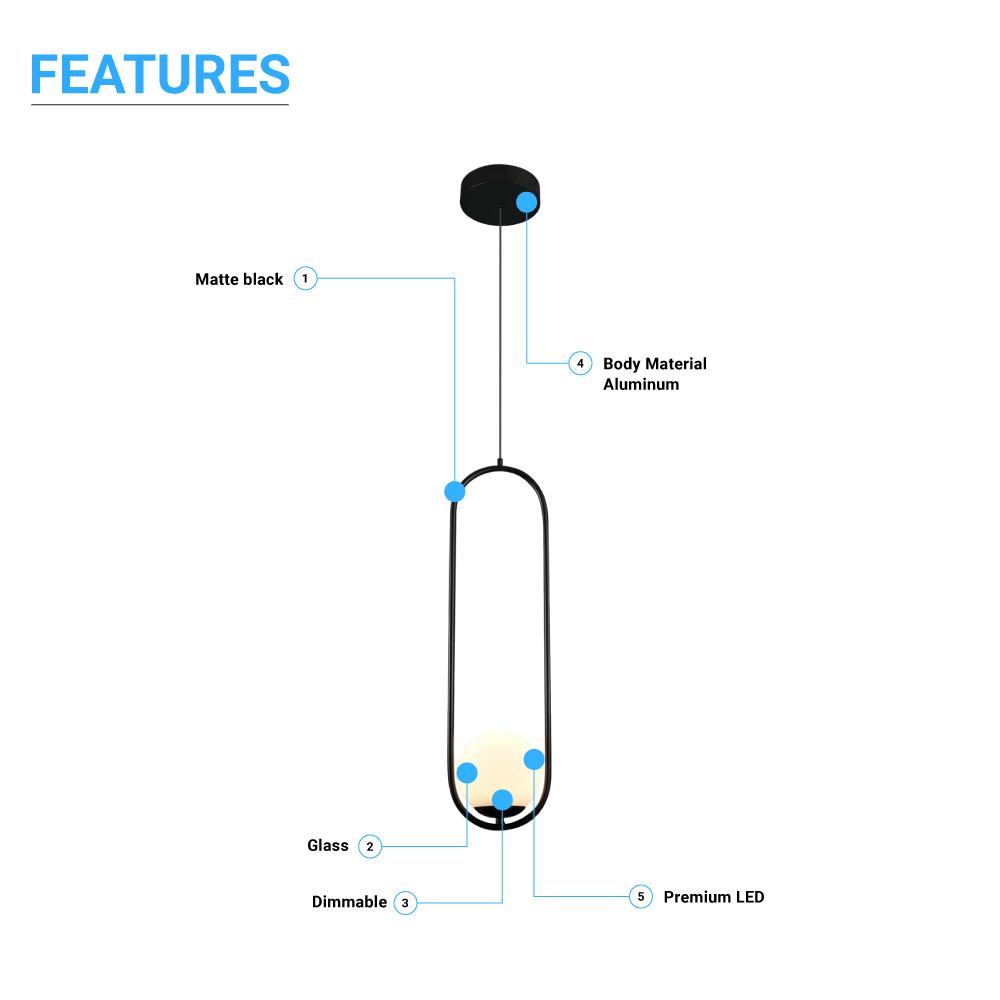 1-Light, Single Bell Pendant Chandelier, 9W, 3000K, Matte Black Body Finish, Dimmable