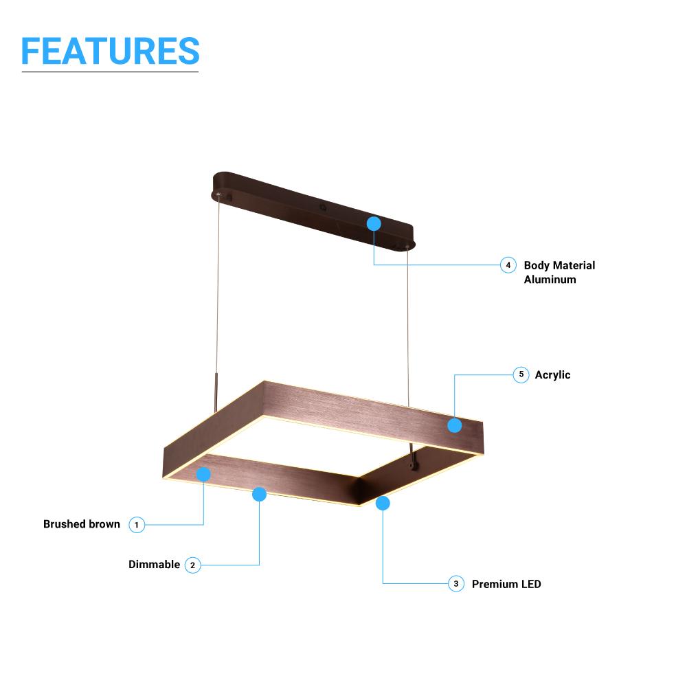 1-Light, Square Chandelier Lighting in Brushed Brown Body Finish, 70W, 3000K(warm white), 5200LM, Dimmable, 5 Years Warranty