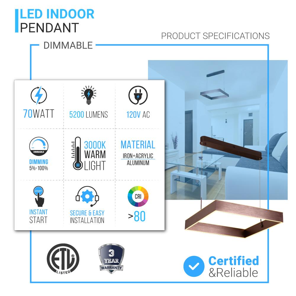 1-Light, Square Chandelier Lighting in Brushed Brown Body Finish, 70W, 3000K(warm white), 5200LM, Dimmable, 5 Years Warranty
