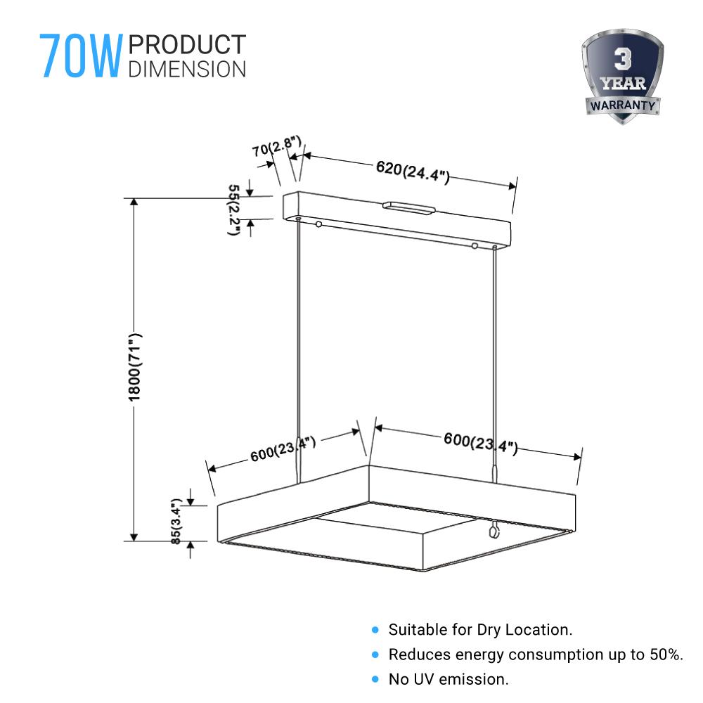 1-Light, Square Chandelier Lighting in Brushed Brown Body Finish, 70W, 3000K(warm white), 5200LM, Dimmable, 5 Years Warranty