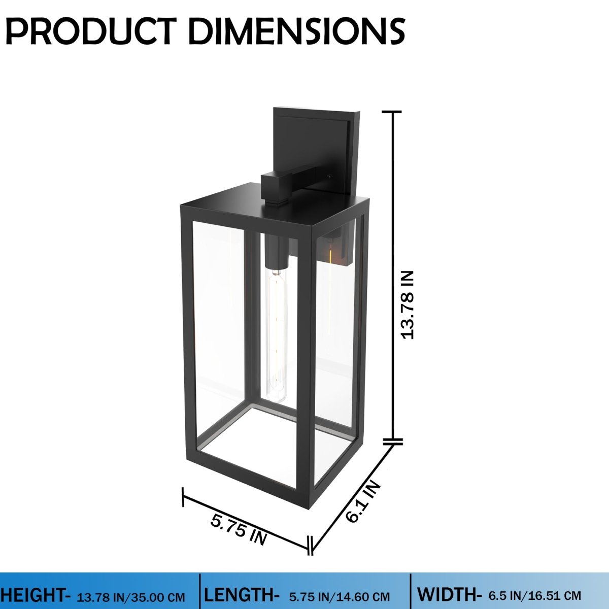1-Light, Wall Mount Light with Clear Glass, Black, Wall Lamp for Outside House - 5.75"L x 6.1"W x 13.78"H