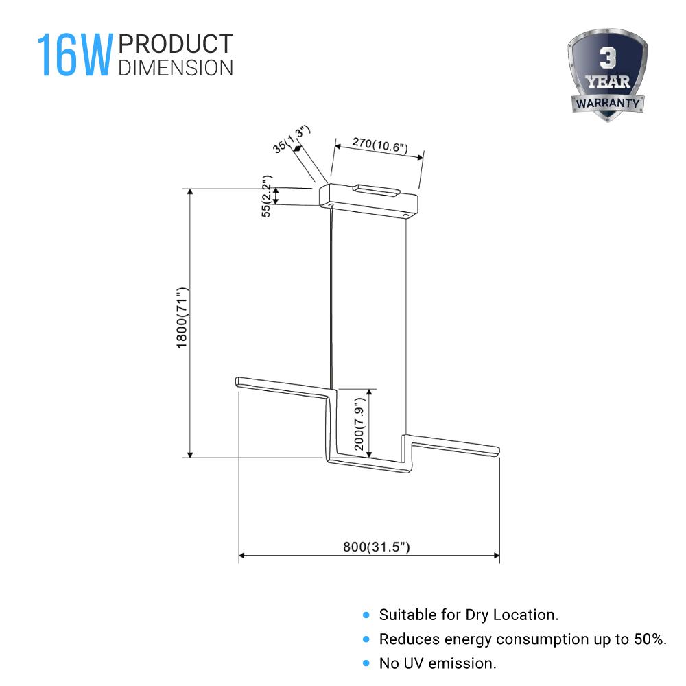 1-Lights, Modern Linear Chandelier Light, 16W, 3000K, 800LM, Suspension Fixture, Matte black Body Finish, Dimmable, 31.5''×1.3''×71'' (Dimension)
