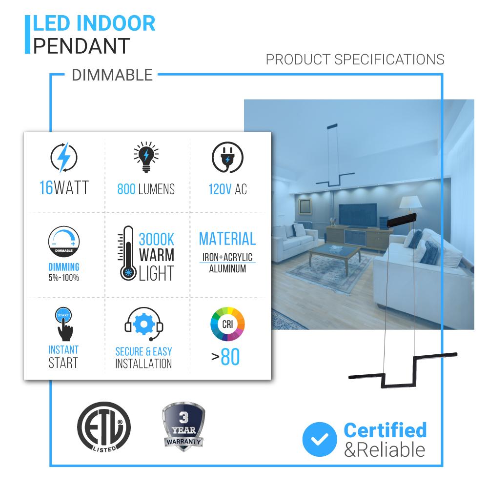 1-Lights, Modern Linear Chandelier Light, 16W, 3000K, 800LM, Suspension Fixture, Matte black Body Finish, Dimmable, 31.5''×1.3''×71'' (Dimension)