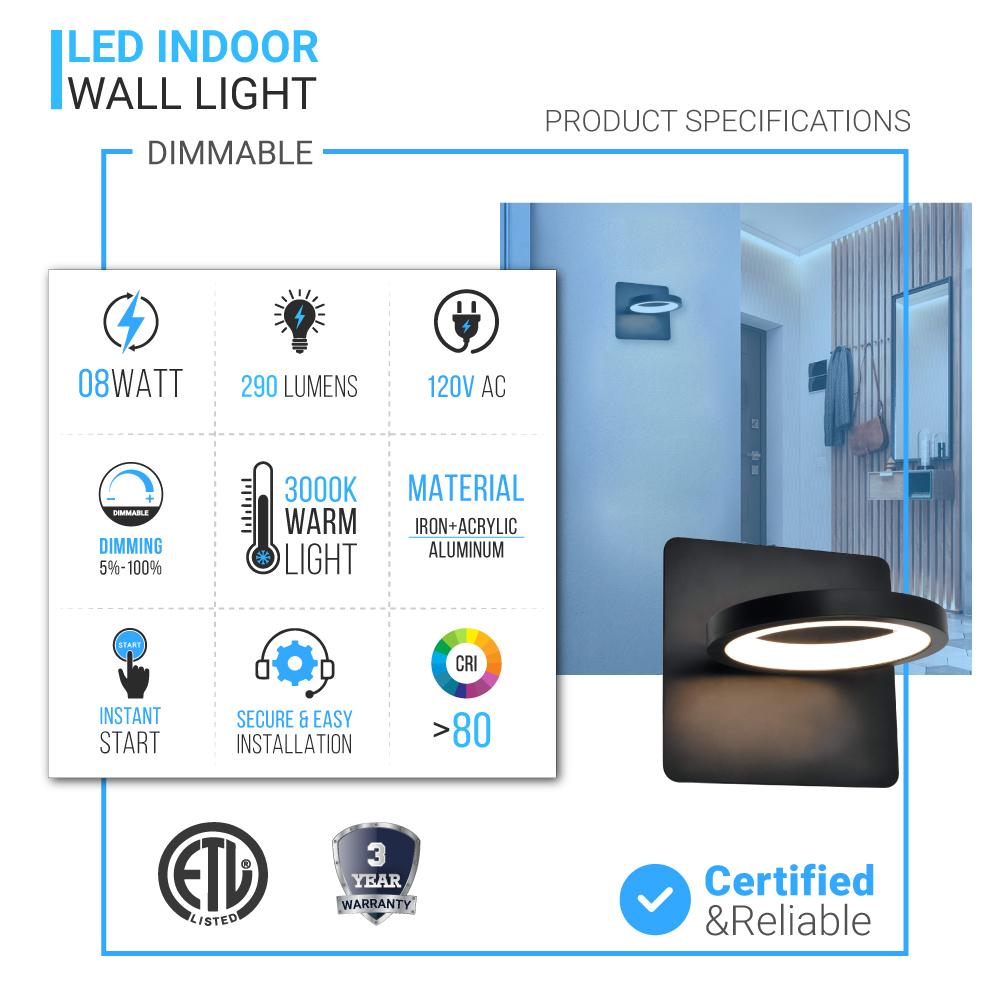 1-Ring Light, LED Wall Sconce Lighting Fixture, 8W, 3000K Warm White, 290LM, 120V Dimmable, For Bedroom Living Room Hallway Hotels