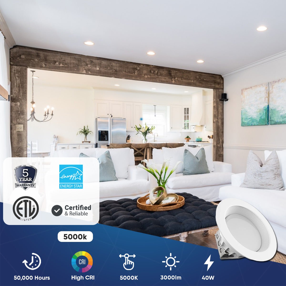 10 Inch Commercial LED Recessed Lighting, 40W, 3000LM, 5000K Daylight Recessed Lighting w/Junction Box, Dimmable, ETL, Energy Star Listed