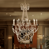 10-Light Traditional Beaded Candle Chandelier Wash Wood Finish with Blue Crystal ,E12 Base - 34“D x 50”H