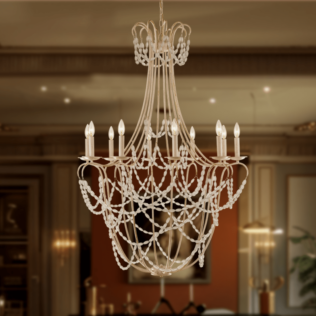 10-Light Traditional Beaded Candle Chandelier Wash Wood Finish with Blue Crystal ,E12 Base - 34“D x 50”H