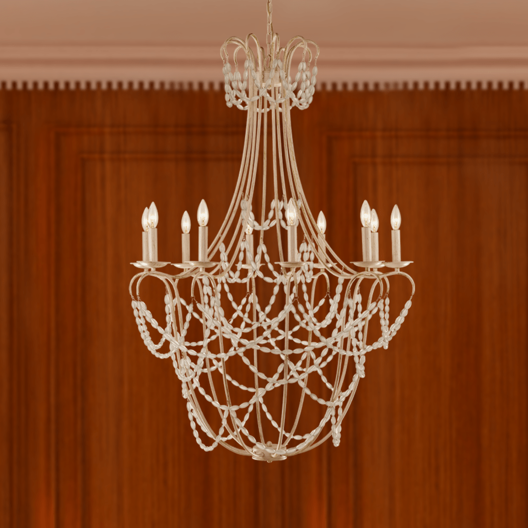 10-Light Traditional Beaded Candle Chandelier Wash Wood Finish with Blue Crystal ,E12 Base - 34“D x 50”H