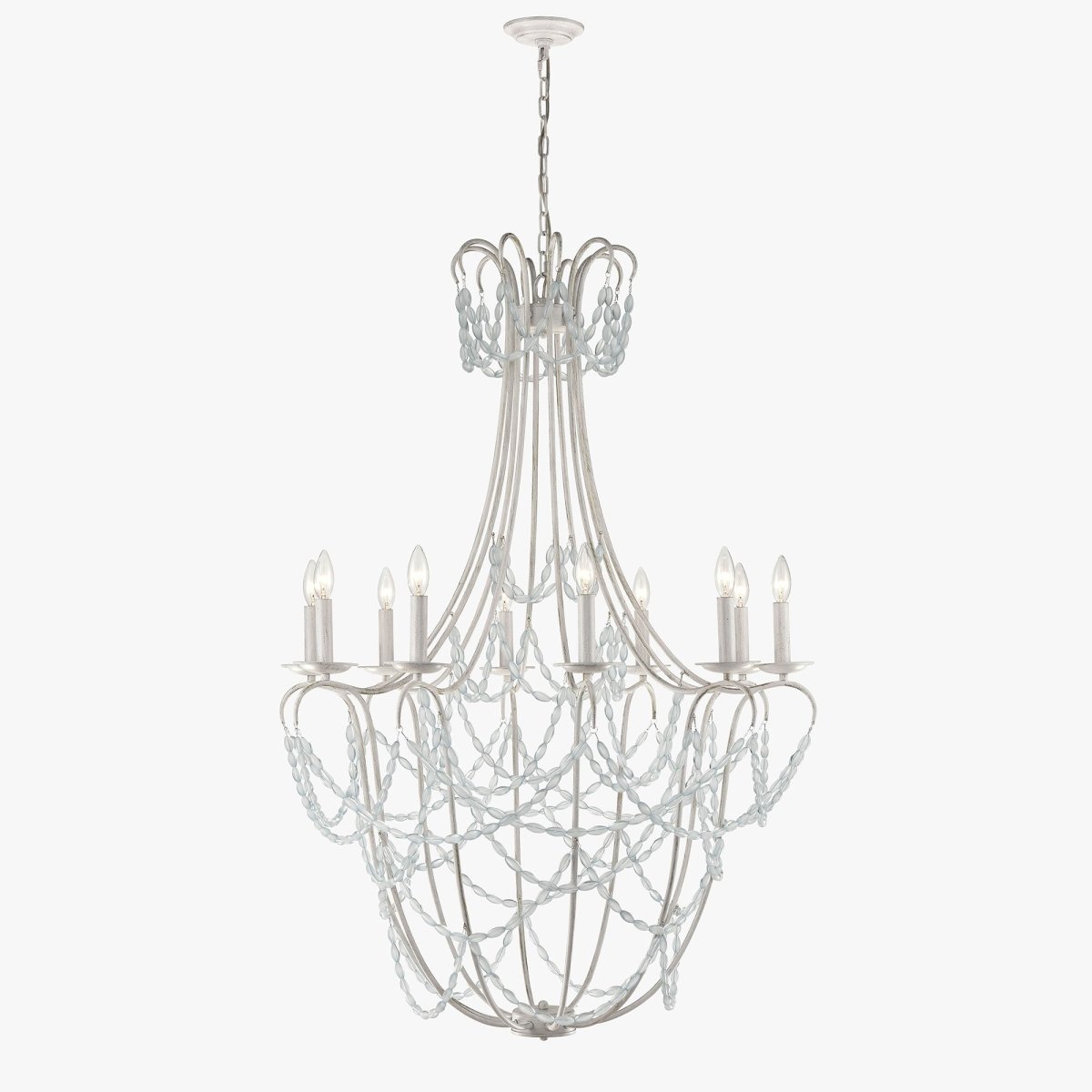 10-Light Traditional Beaded Candle Chandelier Wash Wood Finish with Blue Crystal ,E12 Base - 34“D x 50”H