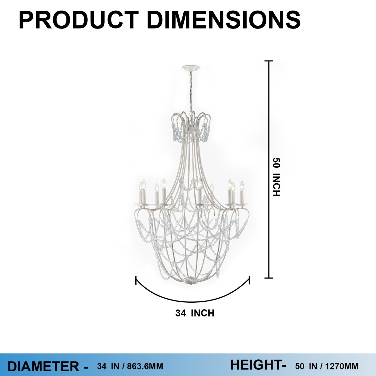 10-Light Traditional Beaded Candle Chandelier Wash Wood Finish with Blue Crystal ,E12 Base - 34“D x 50”H