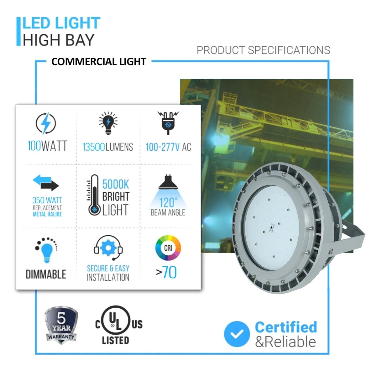 100 Watt LED Explosion Proof Round High Bay Light, C Series,  Dimmable, 5000K, 13500LM, AC100-277V, IP66, Hazardous Location Lighting Fixtures