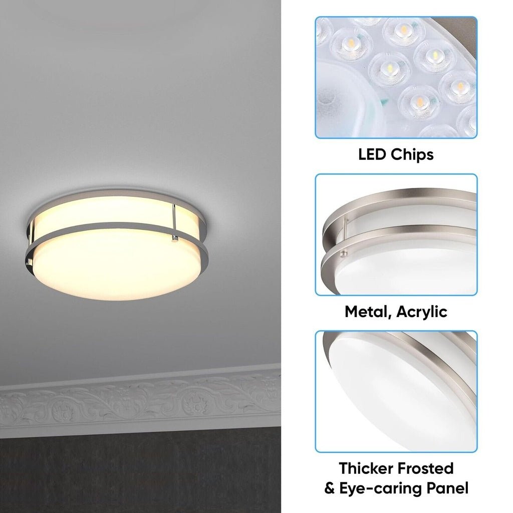 12 in. Dimmable LED Flush Mount Ceiling Lights, Double Ring, 14W, 1100LM, 3000K Warm White, Brushed Nickel Finish Steel, ETL Listed, For Hallway Kitchen Stairwell