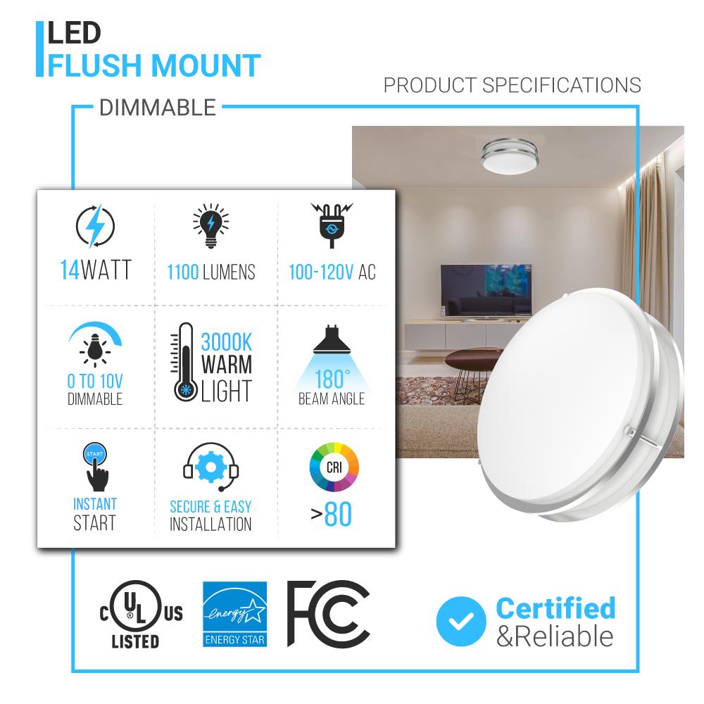12 in. Dimmable LED Flush Mount Ceiling Lights, Double Ring, 14W, 1100LM, 3000K Warm White, Brushed Nickel Finish Steel, ETL Listed, For Hallway Kitchen Stairwell