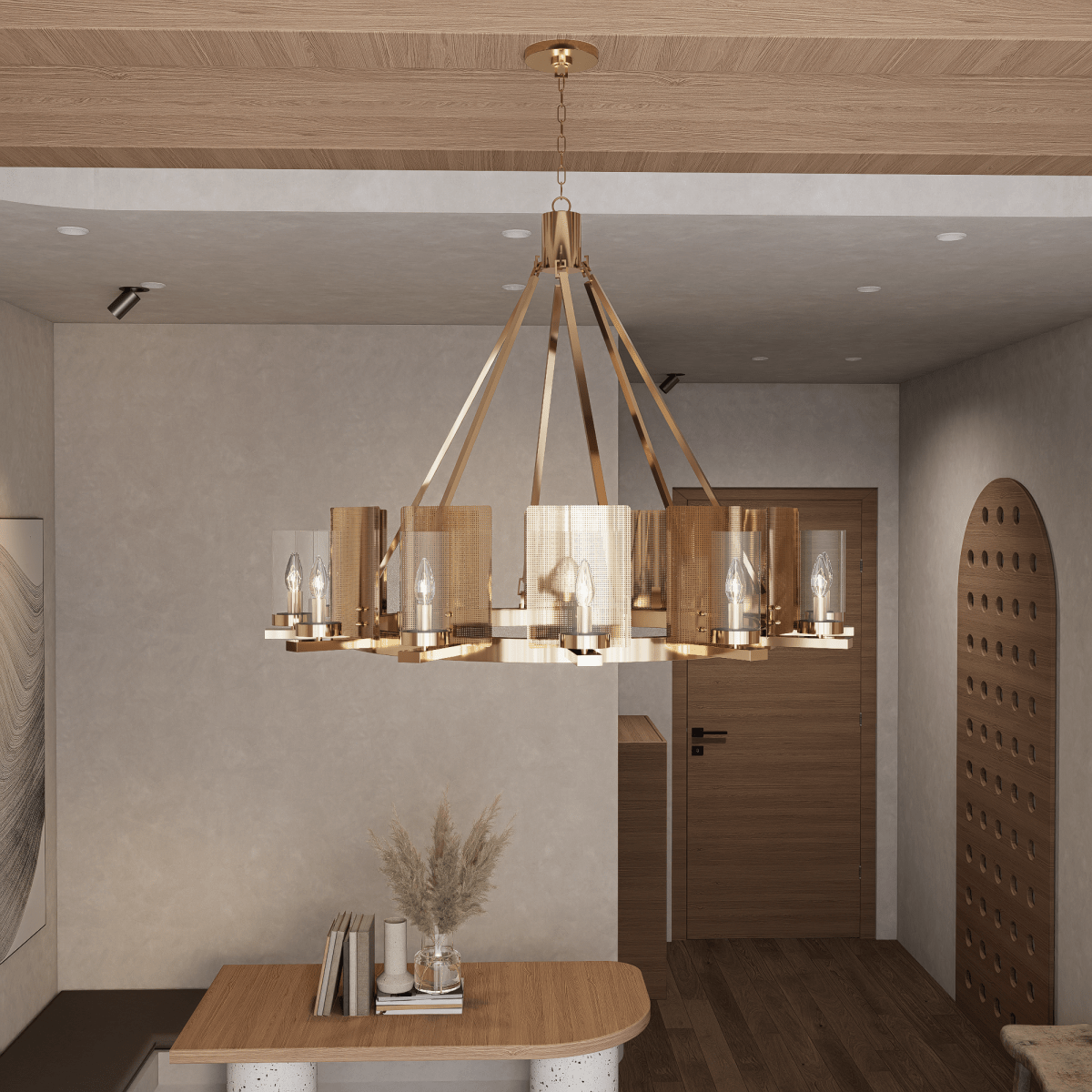 12-Light Ring Chandelier Ceiling Light in Brass Finish with Clear Glass, 120V, Bulb Type B10, Socket Type E12, Max wattage Per Socket 60W - 50“D x 39”H